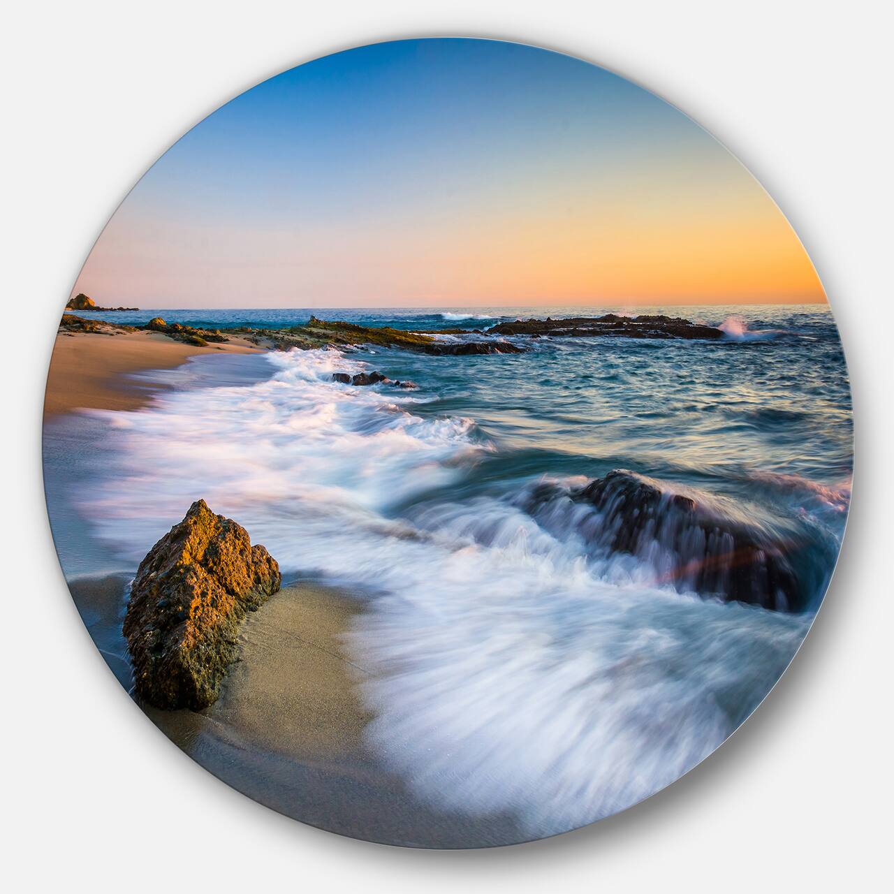 Designart - White Waves Crashing on Rocks' Seascape Metal Circle Wall Art